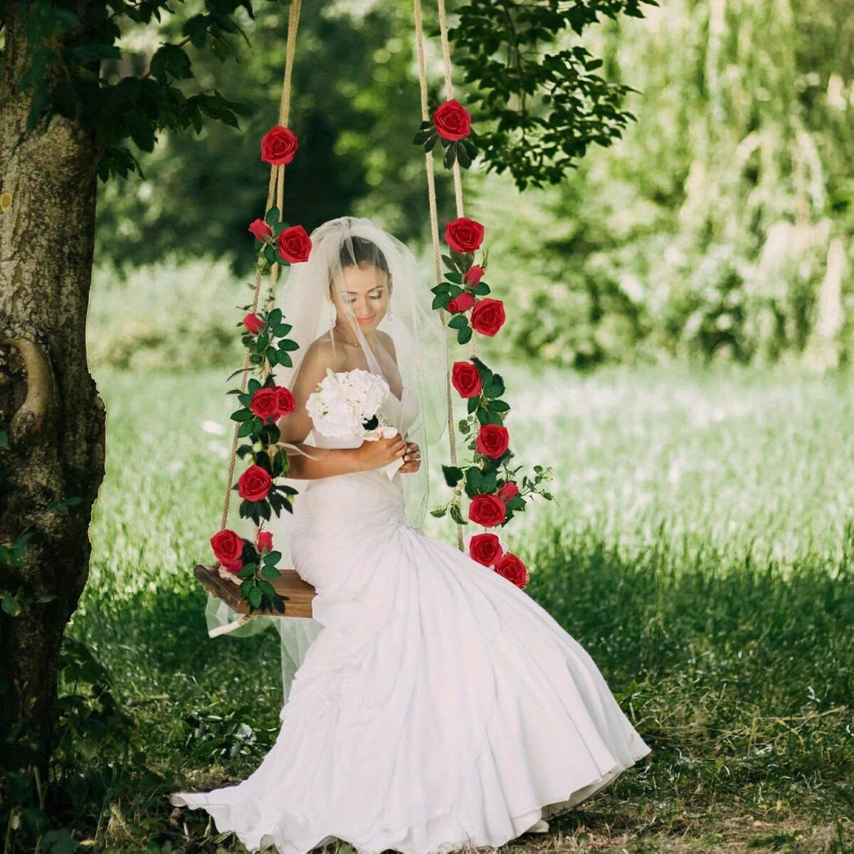 Set of 2 Artificial Silk Rose Vine Hanging Garland