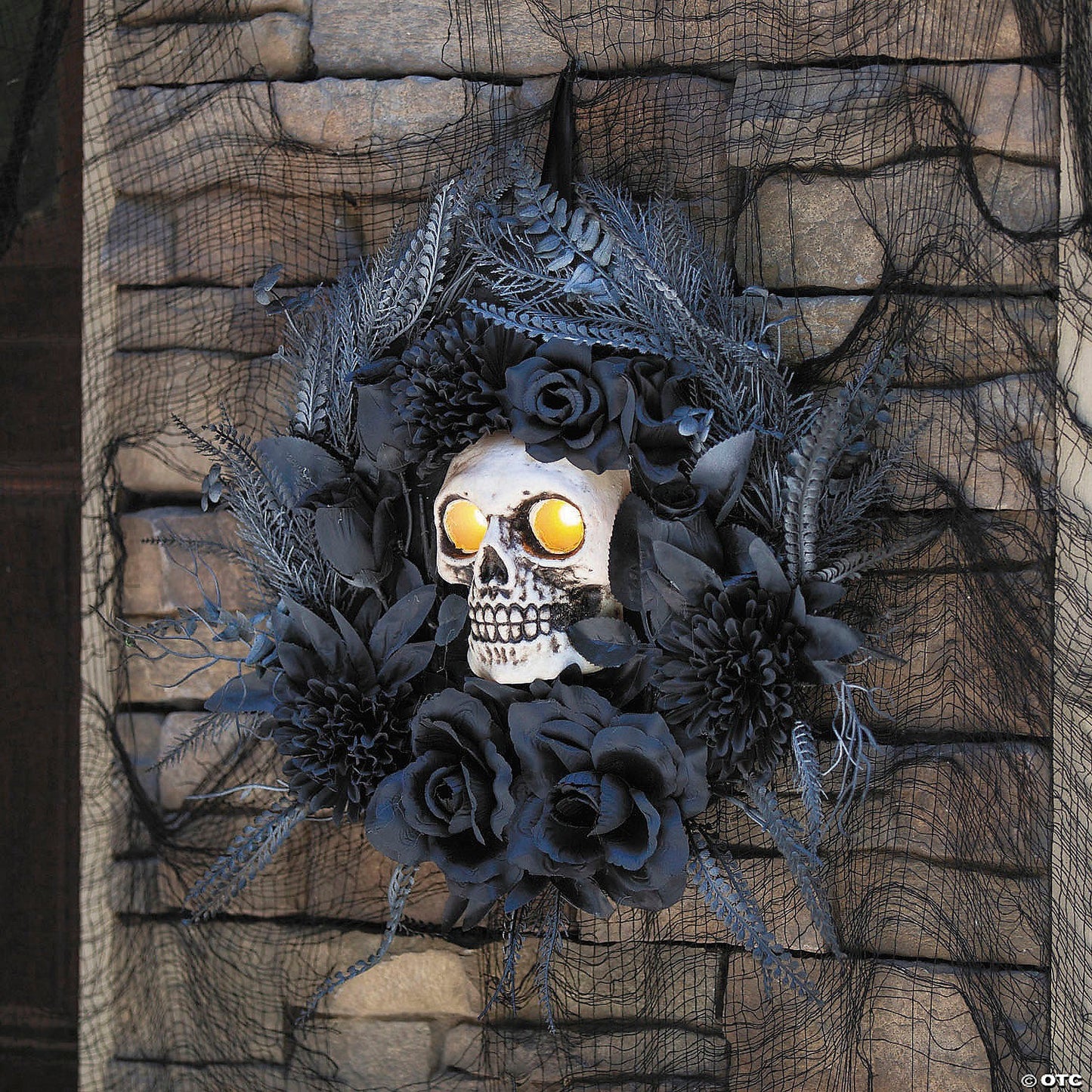 15" Skull & Feather Gothic Lighted & Sound Animated Wreath Halloween Door Decor
