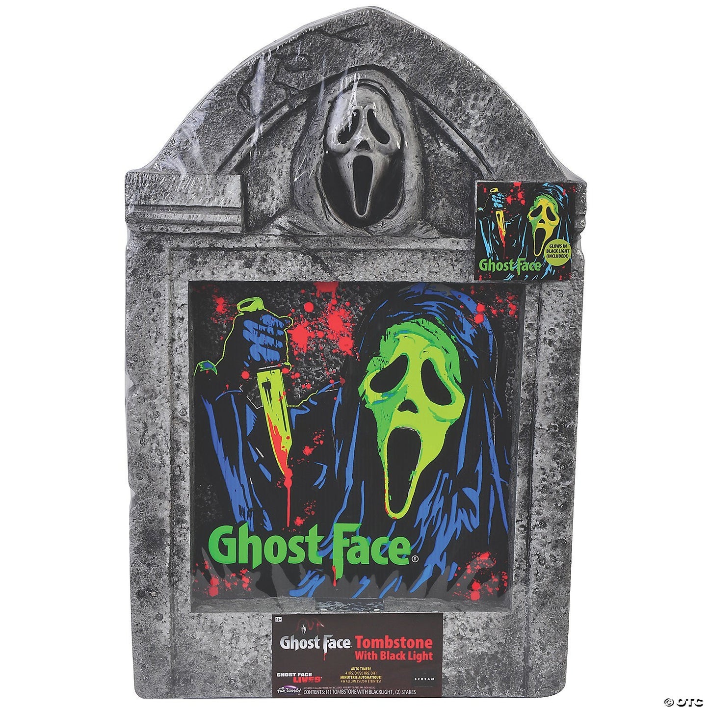 21" Ghost Face Tombstone w Black Light Grave Halloween Outdoor Haunt Decor Prop