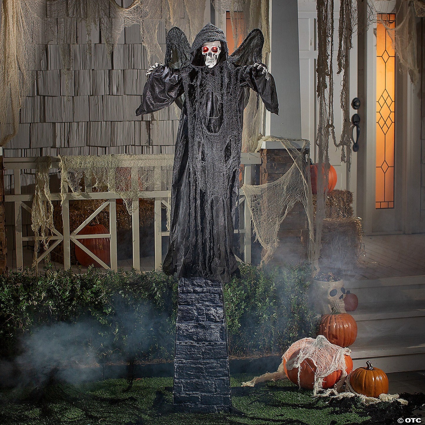 See Video 6' Skeletal Reaper Wings Tombstone Animated Halloween Haunt Prop Decor