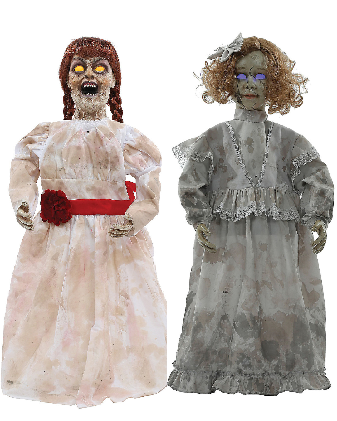 Set of 2 Haunted Evil Talking Dolls Animated Halloween Decor Prop Annabelle Doll
