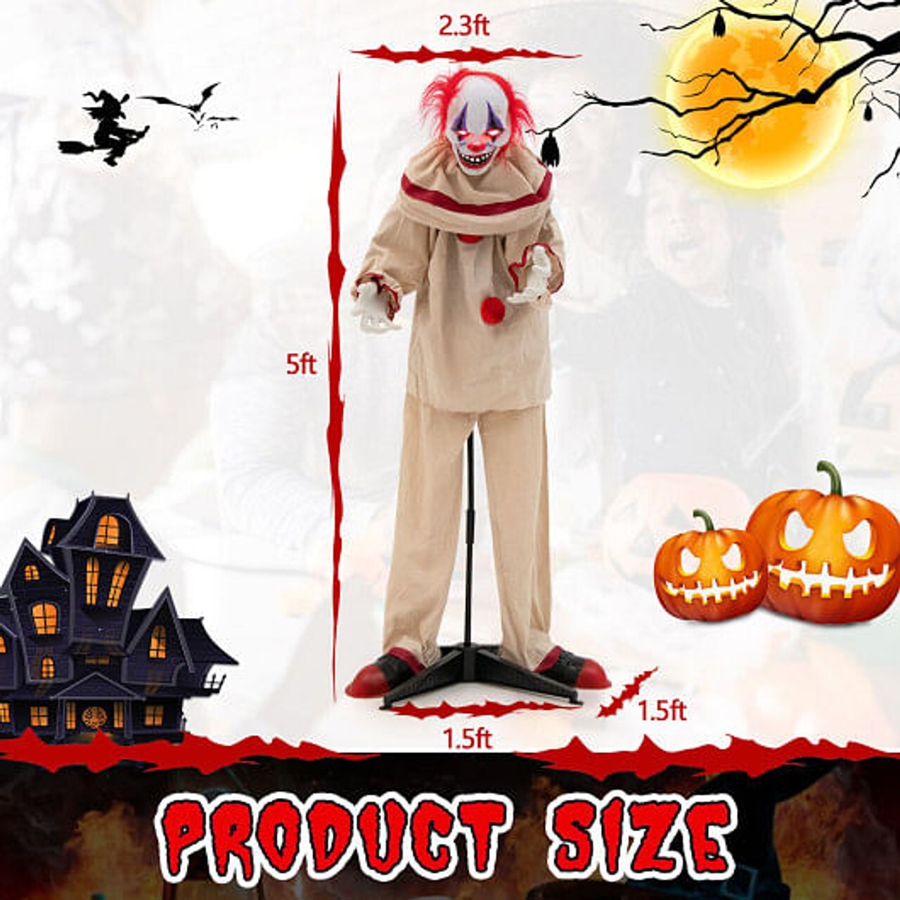 LifeSize 5' Killer Clown Animated Halloween Decoration Prop Outdoor Animatronic