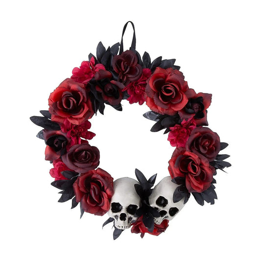 16" Skulls & Red Black Roses Wreath