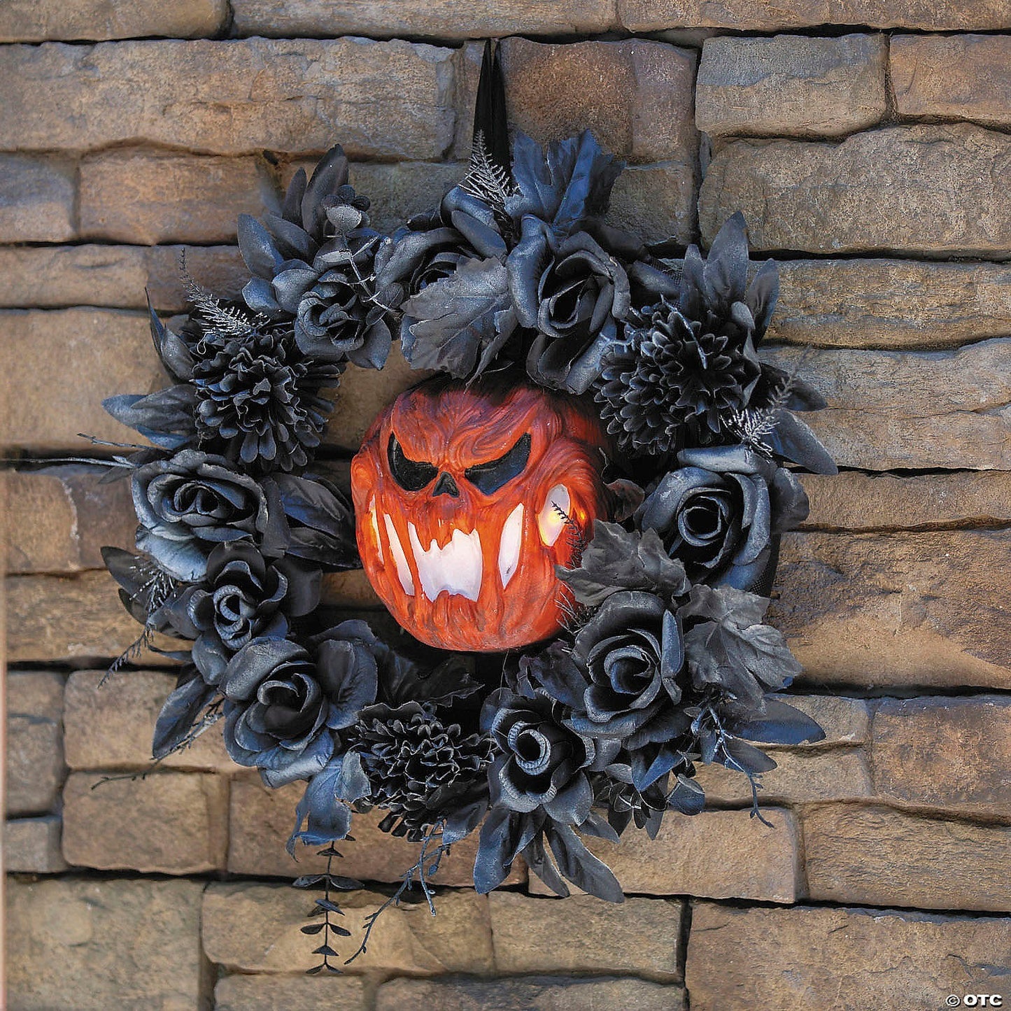 17" Jack Lantern Pumpkin Lighted Wreath Black Roses Halloween Door Decor Spirit