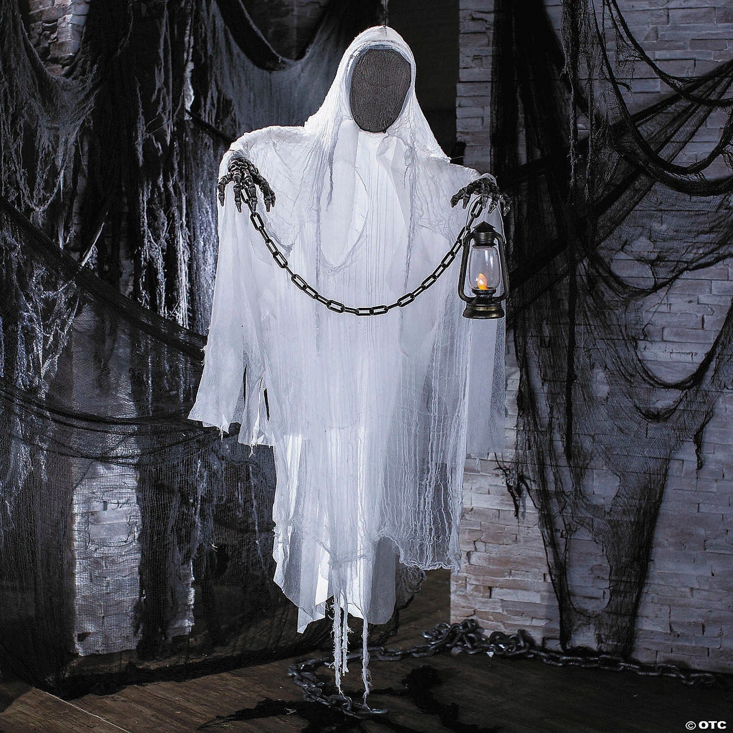 5 Ft Faceless Ghost w Lighted Lantern & Chain Halloween Haunt Prop Grave Spirit
