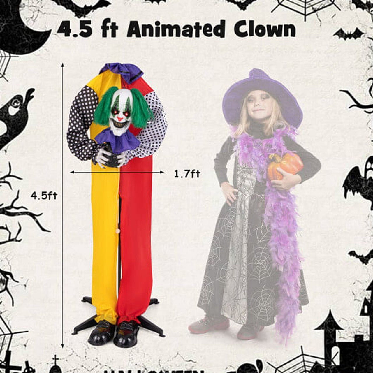4.5 FT Headless Killer Clown Animated Halloween Decoration Prop Outdoor Circus