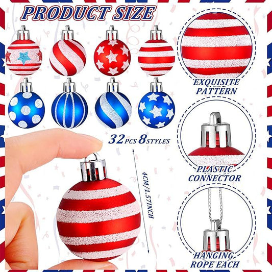 Patriotic Hanging Ornament Set – 32 Red, White & Blue Balls - Holiday Spirit Shop