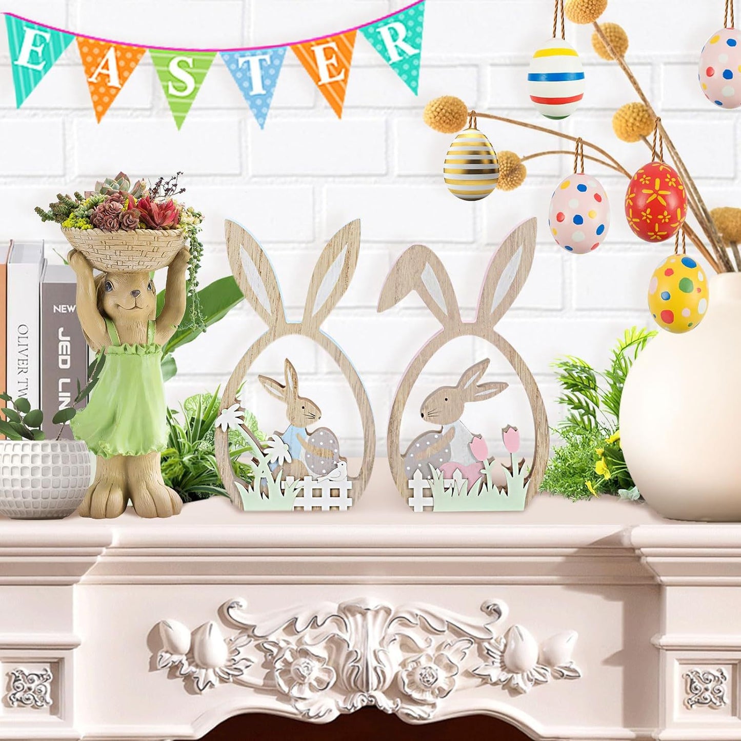 2 Pcs Easter Wooden Decorative Egg & Bunnies - Holiday Spirit Shop
