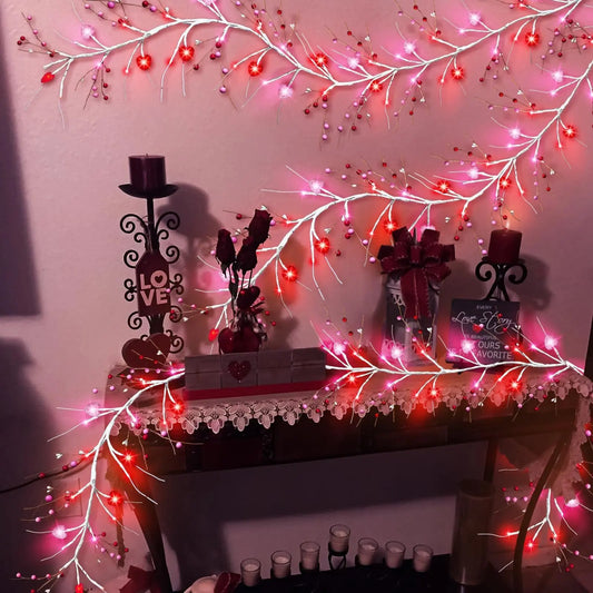 6 Ft Berry Branch Rattan Garland with Lighted Hearts - Holiday Spirit Shop