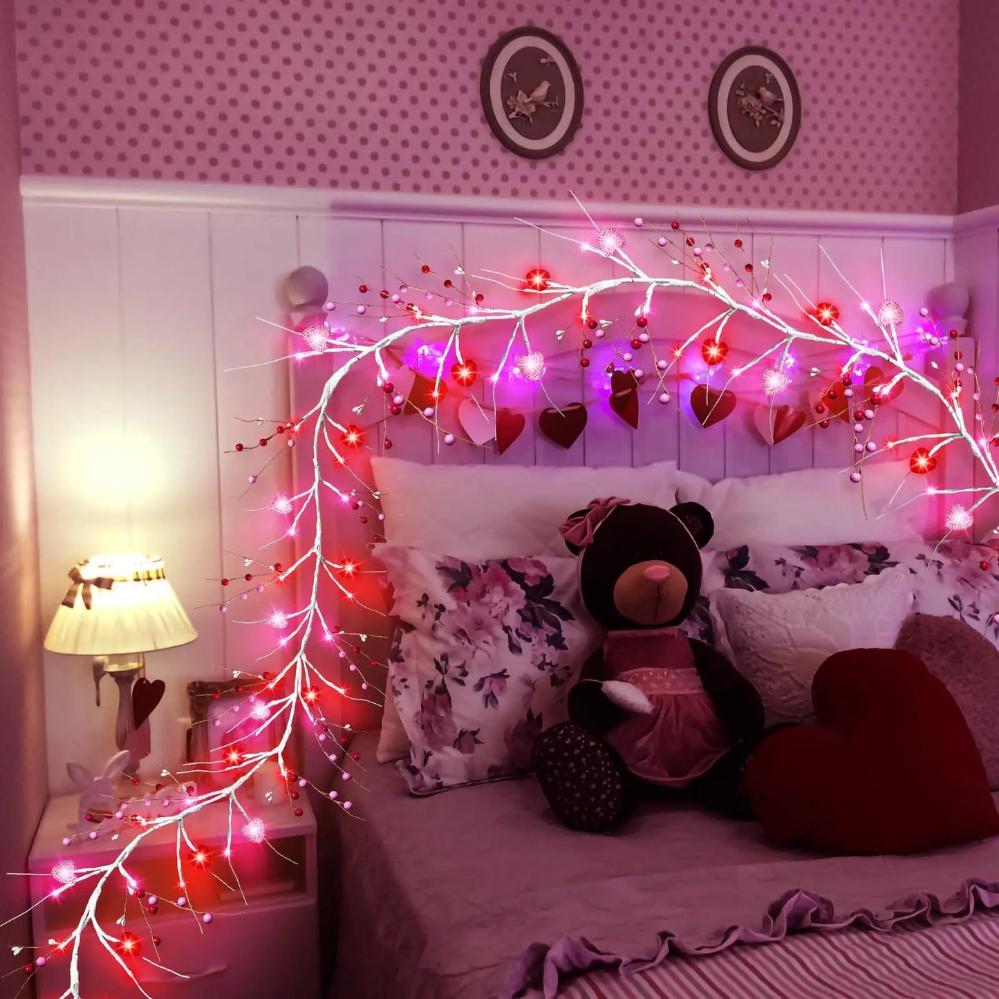 6 Ft Berry Branch Rattan Garland with Lighted Hearts - Holiday Spirit Shop