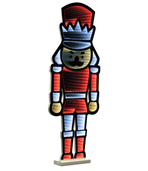 34-inch Christmas Nutcracker Ekkolight infinity mirror decoration with red, blue-white and gold LED lights, black outline and rectangular base.