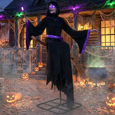 8 Ft. Animated Light-Up Hovering Witch with Broom & Wand Halloween Decoration