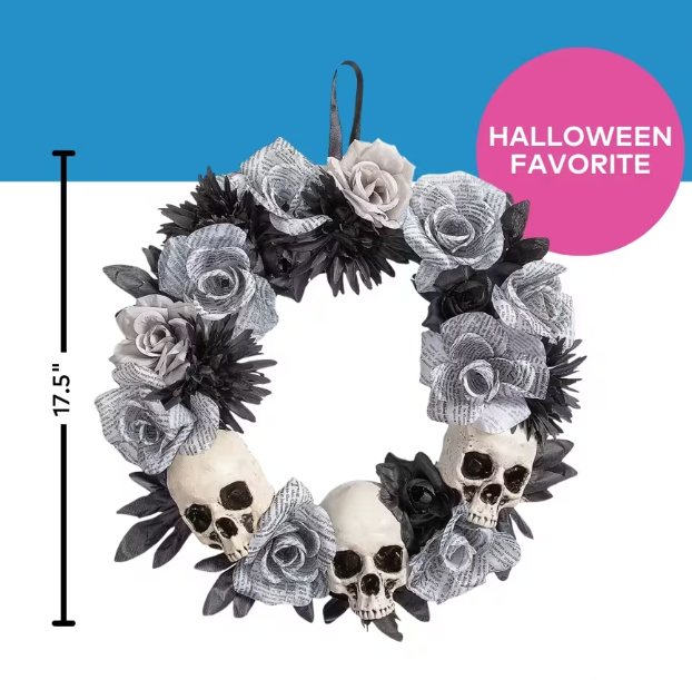 17" Skeleton Skulls Roses Halloween Wreath