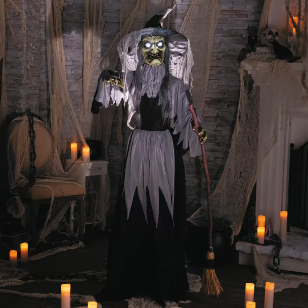 6 Ft Body Turning Witch with Broom Animated Prop