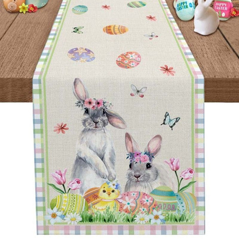 Easter-themed table runner with bunnies and eggs cotton linen blend