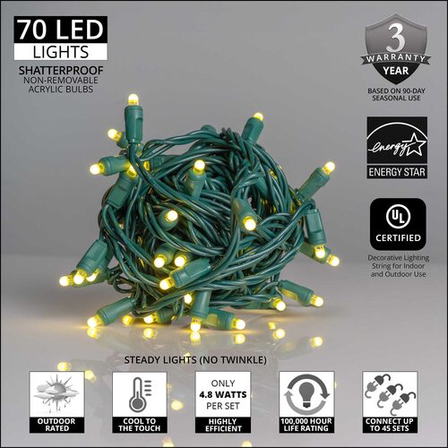 70-count Lux360 D5 LED Christmas string lights with green wire and product specifications