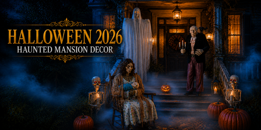 Elegant haunted mansion Halloween front porch with animated Halloween props, warm lantern lighting, blue mist and gothic décor inspiration.