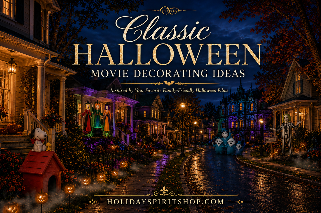 Classic Halloween movie decorating ideas featuring family-friendly Halloween displays inspired by Hocus Pocus, Disney Haunted Mansion, Beetlejuice, Ghostbusters, The Nightmare Before Christmas, and It's the Great Pumpkin, Charlie Brown.