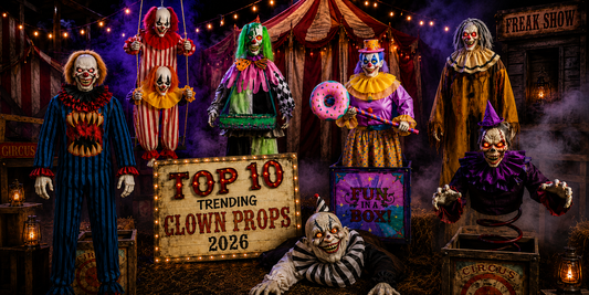 Top 10 animated scary clown props for Halloween 2026 displayed in a haunted carnival midway with circus tents, fog, lights, and creepy clown decorations