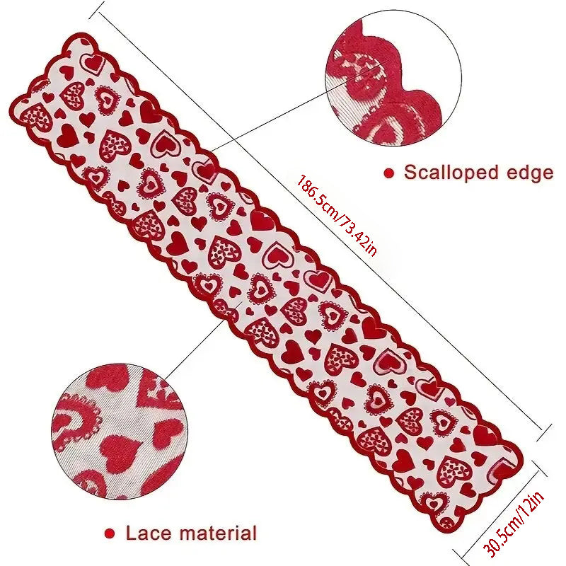 Red lace trim with heart patterns and scalloped edge, shown with measurements on a white background.
