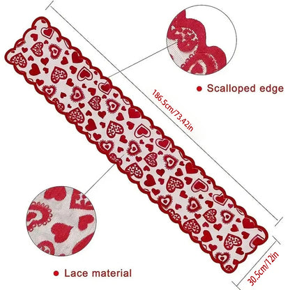 Red lace trim with heart patterns and scalloped edge, shown with measurements on a white background.