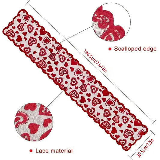 Red lace trim with heart patterns and scalloped edge, shown with measurements on a white background.