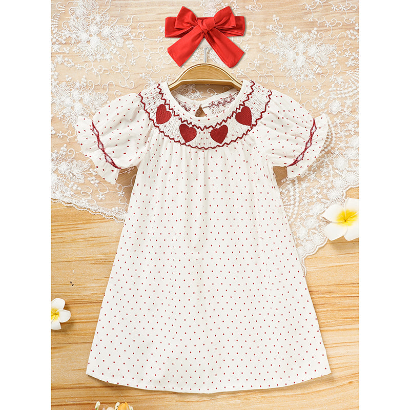 Baby Girl Valentine's Day Dress Short Sleeve Red Heart Embroidery with Headband