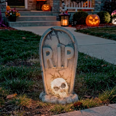 Tombstone &amp; &nbsp;Skull Lighted Blow Mold Decoration