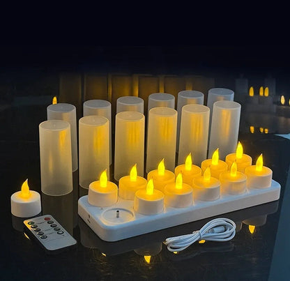 Illuminating candle ornament with remote control on a black background, surrounded by lifestyle images of its use.