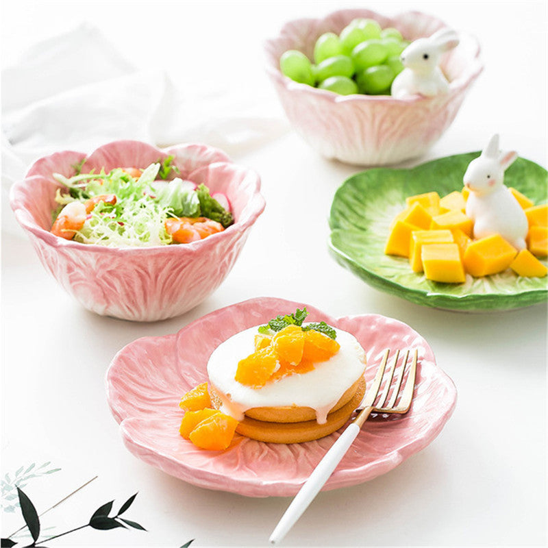 Set of pink and green ceramic plates with rabbits Easter Spring bone meal china ceramic hand painted