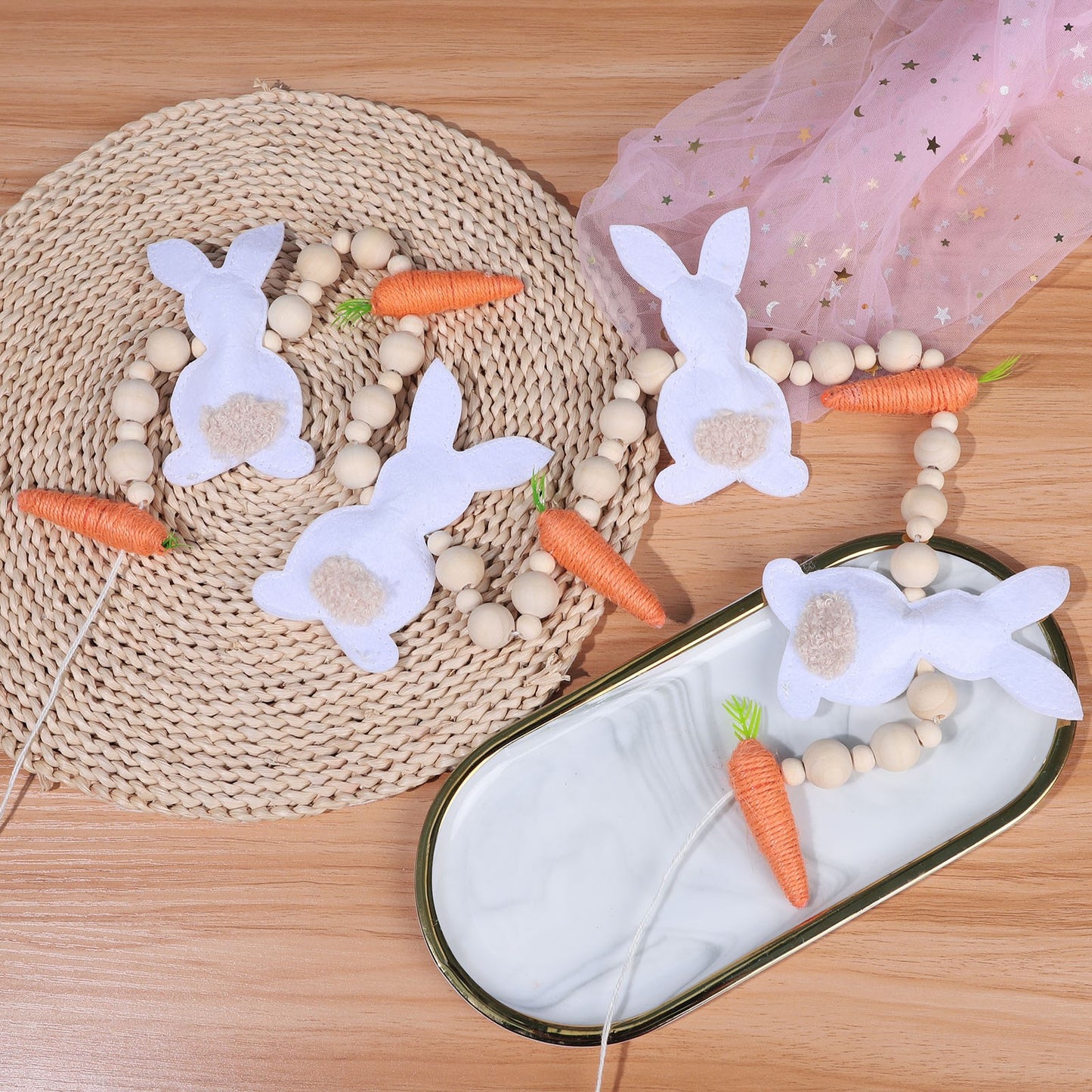 24 in Bunnies & Carrot Wood Bead Easter Garland