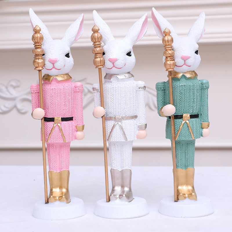 easter decoration resin Easter bunny nutcracker with staff 