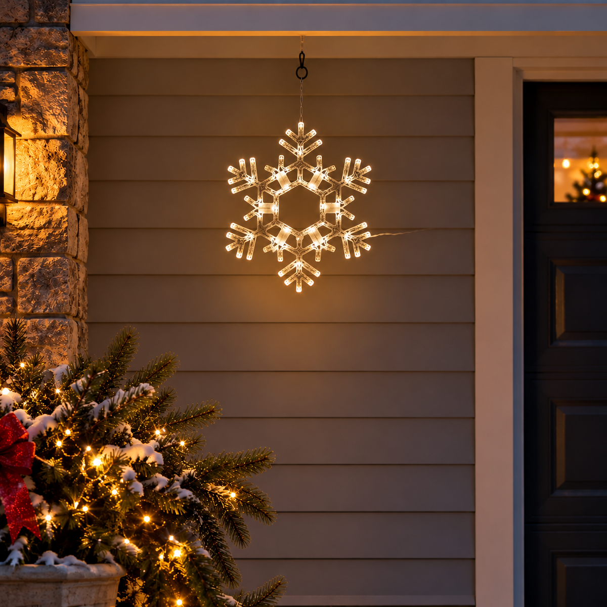 20-inch Kringle Traditions folding Christmas snowflake with 70 steady warm white LED lights hanging on a decorated front porch at night