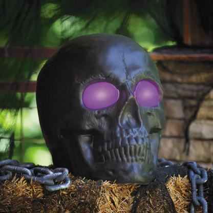 20" Black Skull Blow Mold with Purple Eyes Lighted Halloween decor