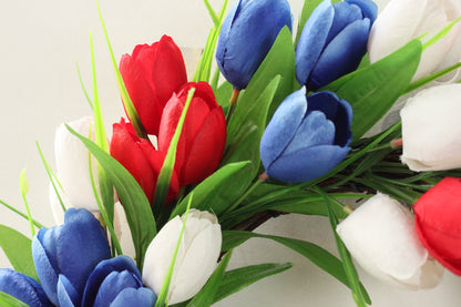 Red, White & Blue Tulip Wreath – 16” Patriotic Door Décor