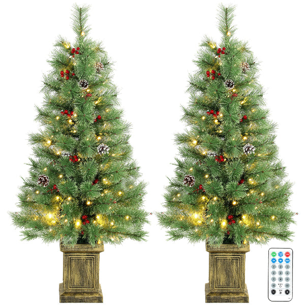 4 Ft Pre-Lit Christmas Pine Trees with Berries, Set of 2 – product image