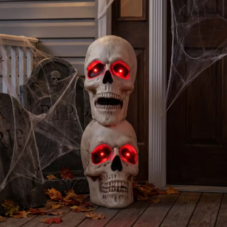 27" lighted skull stack outdoor Halloween decor 