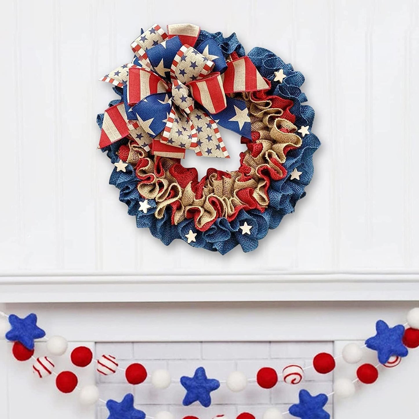 Handmade Americana Flag Ribbon Wreath with Burlap Accents