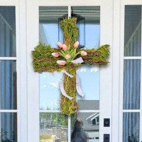 Cross-Shaped Grapevine Easter Wreath with Tulips & White Ribbon