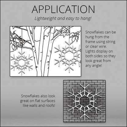 Instructions on how to apply and display snowflake decorations, including hanging and flat surface mounting.