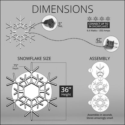 Dimensions diagram of the giant 3 Ft blue and cool white LED folding Christmas snowflake, measuring 36 inches across.