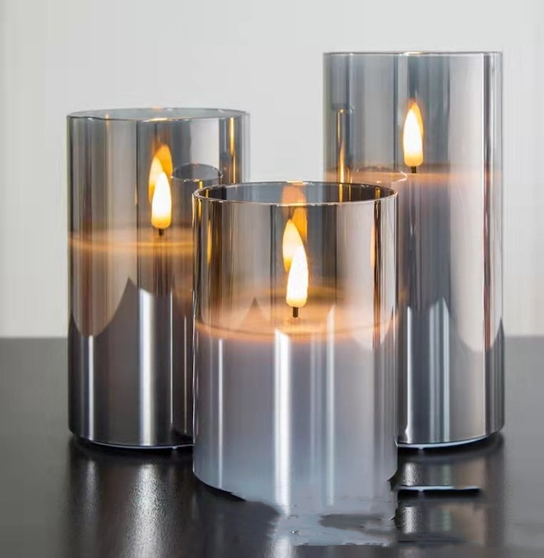 Set of 3 Realistic Flame Candles Electroplated Glass LED Electronic - Rechargeable