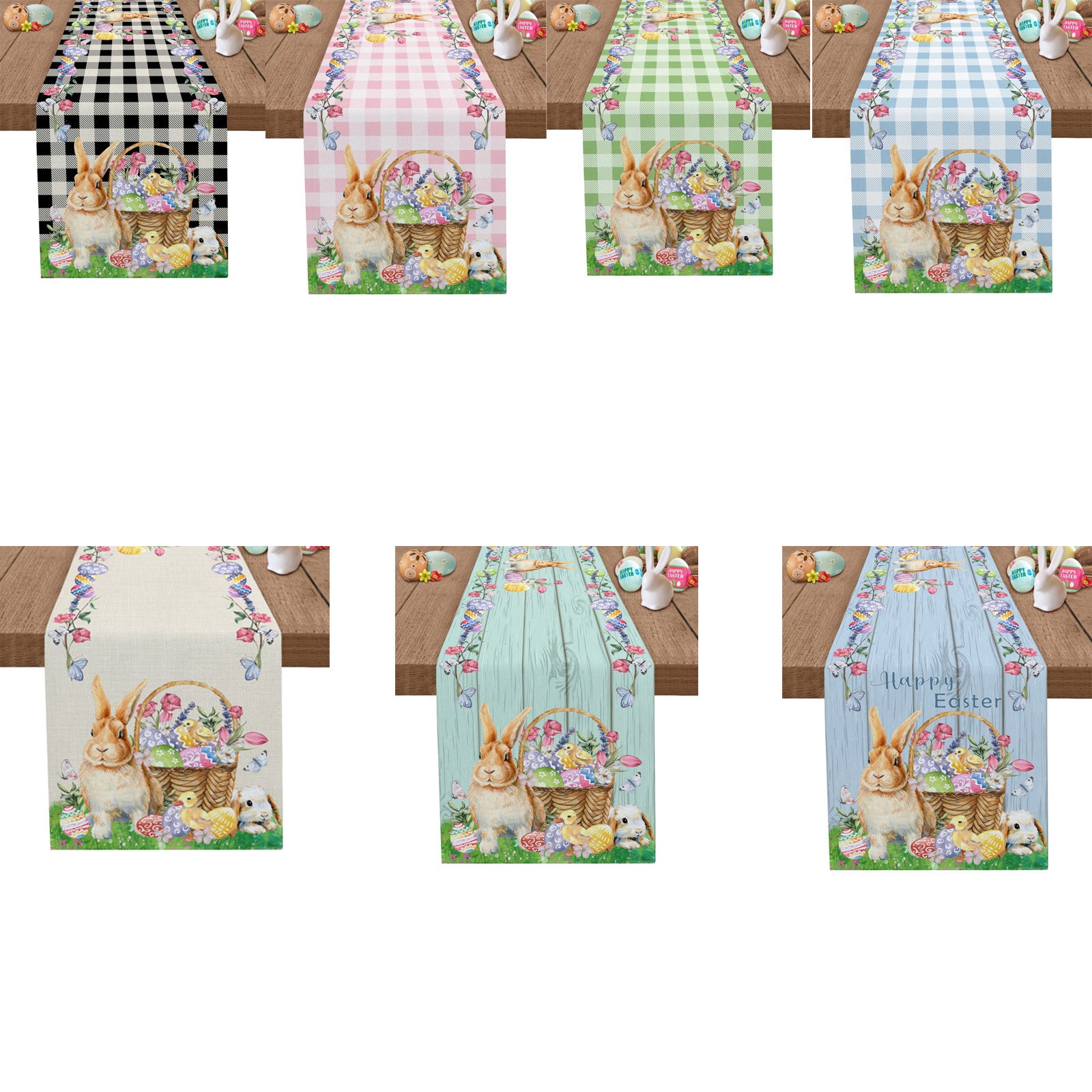 Easter-themed table runners with bunnies and baskets 