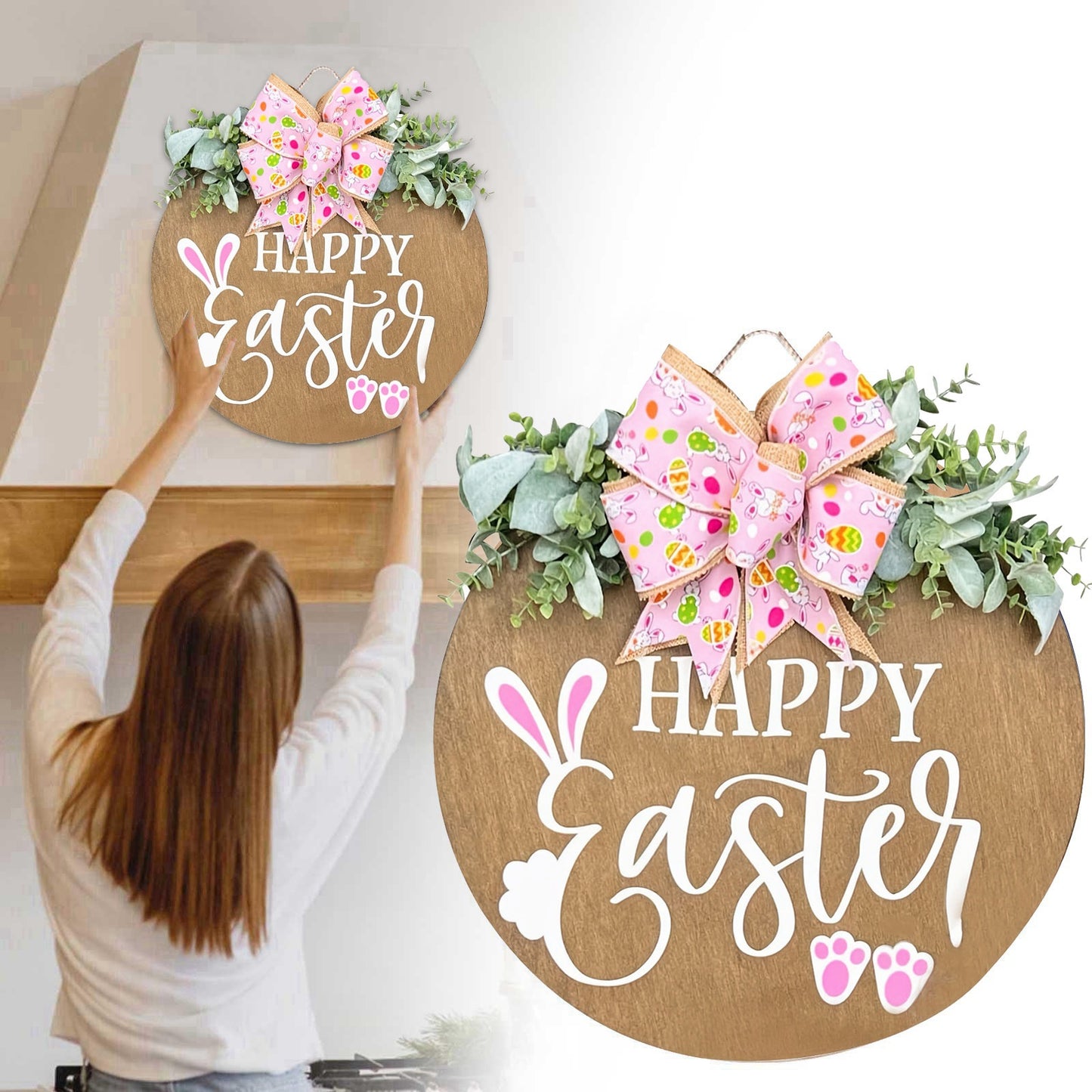 Easter Door Sign with Burlap Ribbon & Eucalyptus