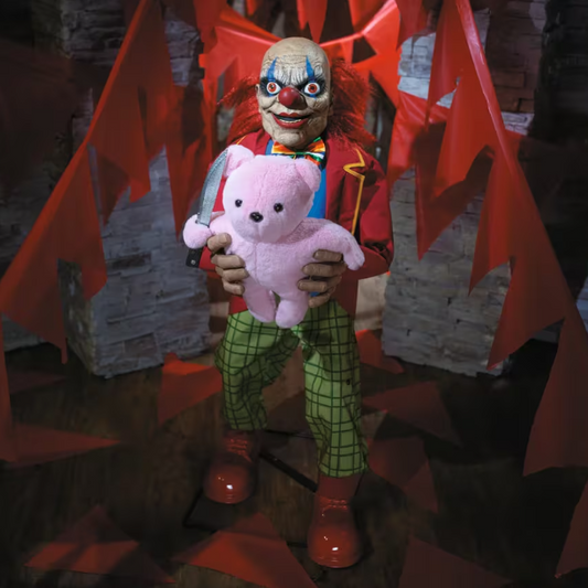 4 ft animated creepy clown with bear Halloween prop