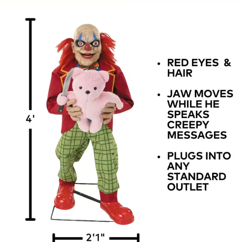 4 ft animated creepy clown with bear Halloween prop
