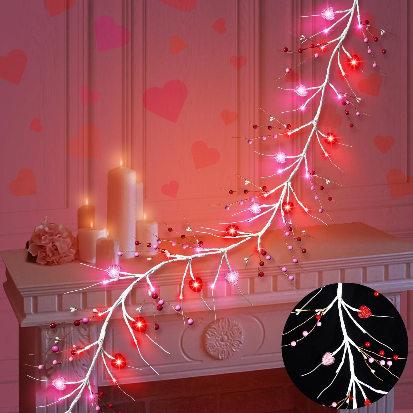 6 Ft Berry Branch Rattan Garland with Lighted Hearts