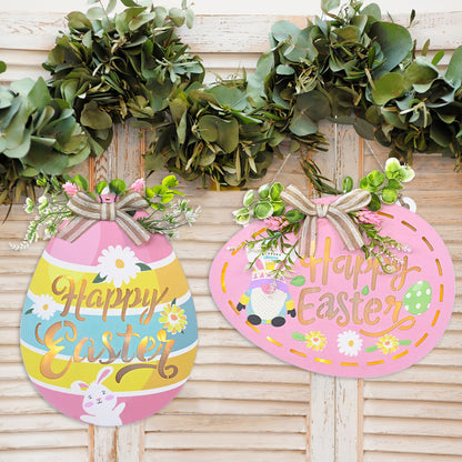 Easter Egg Shaped Wood Hanging Signs with Fabric Bow & Greenery