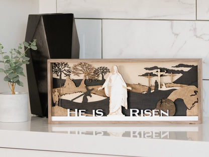 “He Is Risen” 3D Boxwood Shadow Box – Easter Faith Décor