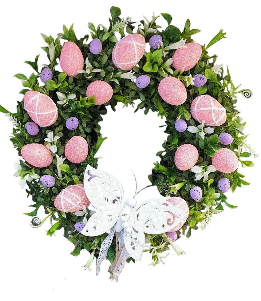 Grapevine Easter wreath with colorful eggs, greenery and a white butterfly silhouette 